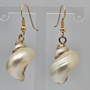Iridescent Full Shell Dangle Earrings Gold Tone 1”